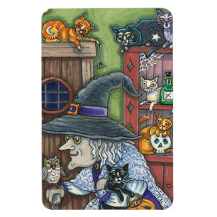 OLD WITCH HAPPY HOME, LOTS OF CATS & OWL HALLOWEEN MAGNET