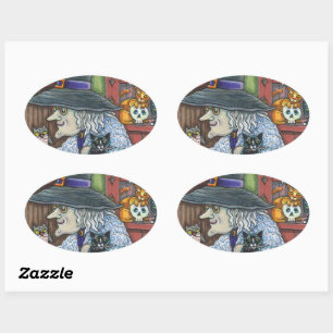 OLD WITCH HAPPY HOME, LOTS OF CATS & OWL HALLOWEEN OVAL STICKER