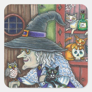 OLD WITCH HAPPY HOME, LOTS OF CATS & OWL HALLOWEEN SQUARE STICKER