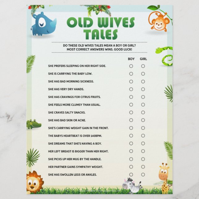 Old Wives Tales Baby Shower Game [Animal Theme]  Custom Letterhead (Front)