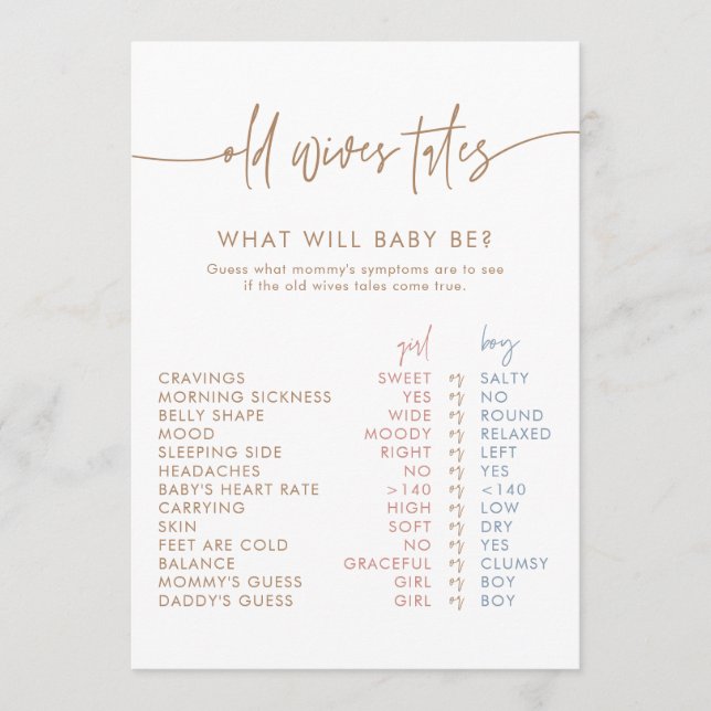 Old Wives Tales Card | Boho Gender Reveal Game  (Front)