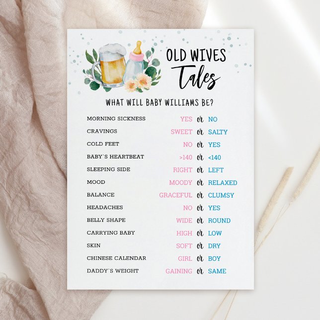 Old Wives Tales Gender Reveal Baby Shower Card (Beer and Floral Baby is Brewing Baby Shower Old Wives Tales Game Card)