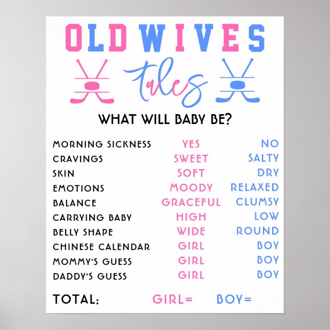 Old Wives Tales Hockey Gender Reveal Party Sign (Front)
