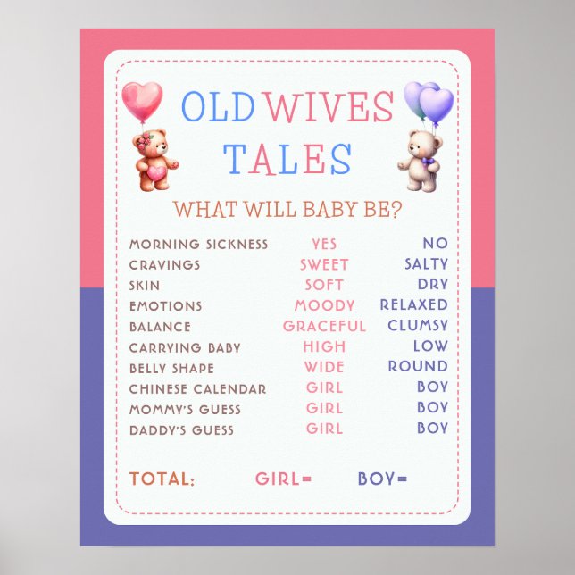 Old Wives Tales TeddyBear Gender Reveal Party Sign (Front)