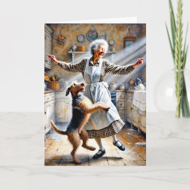 Old Woman Dancing With Dog Birthday Card (Front)