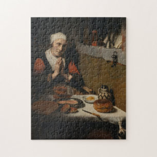 Old woman praying at meal Vintage Medieval art Jigsaw Puzzle