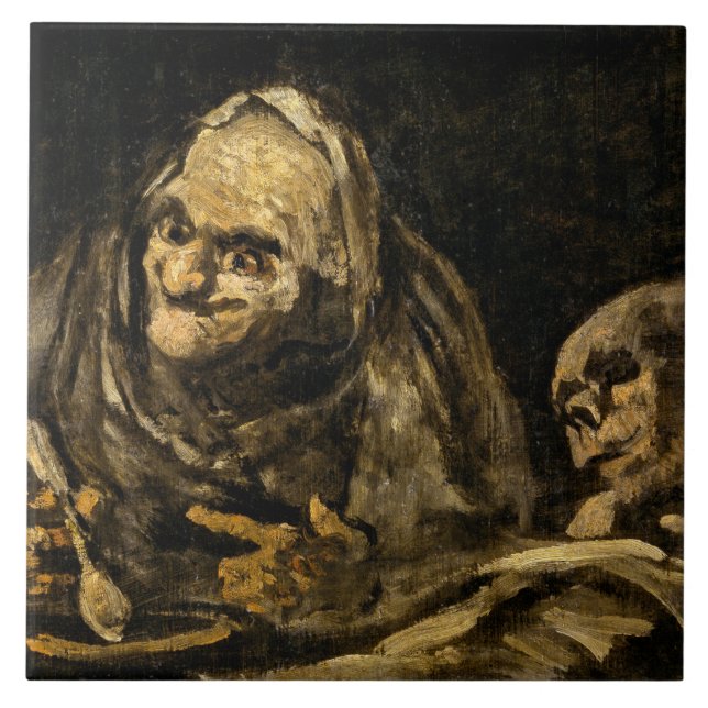 Old Woman with a Skeleton (Death) (Francisco Goya) Tile (Front)