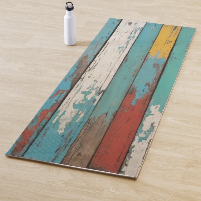 Old Wood Blue And Yellow Painted Distressed Planks Yoga Mat (In Situ)