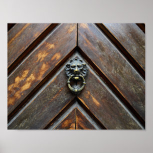 old wood door lion head metal handle knock poster