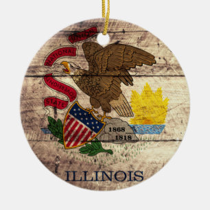 Old Wood Illinois Flag; Ceramic Tree Decoration