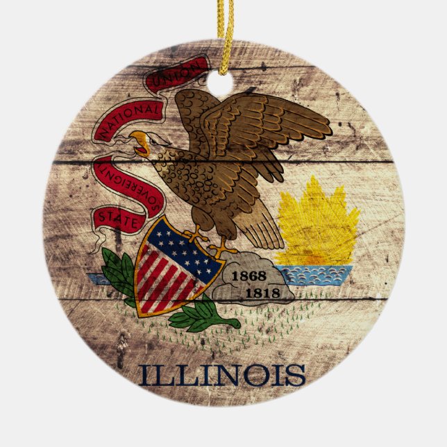 Old Wood Illinois Flag; Ceramic Tree Decoration (Front)