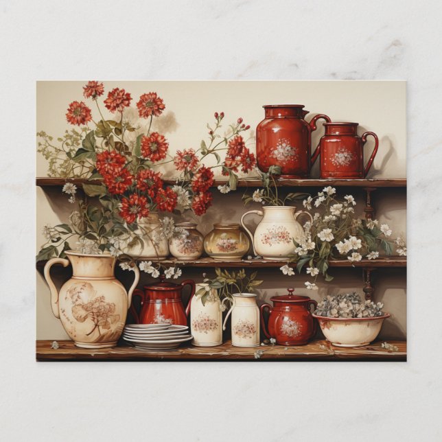  Old Wood Kitchen Shelf Red White Ceramics Flowers Postcard (Front)