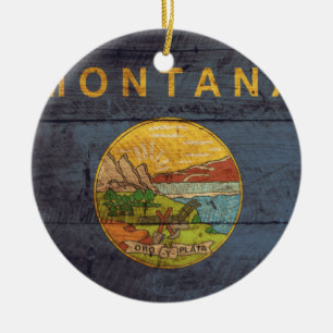 Old Wood Montana Flag Ceramic Tree Decoration