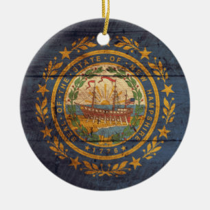 Old Wood New Hampshire Flag; Ceramic Tree Decoration