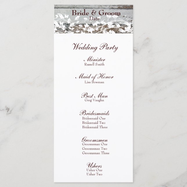 Old Wood White Floral Leaves Wedding Program Programme (Front)