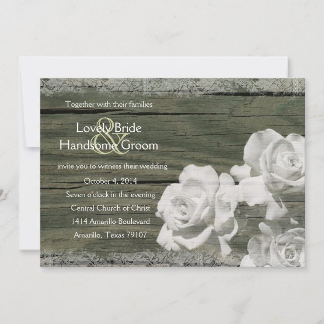 Old Wood White Ghost Roses Wedding Invitation (Front)