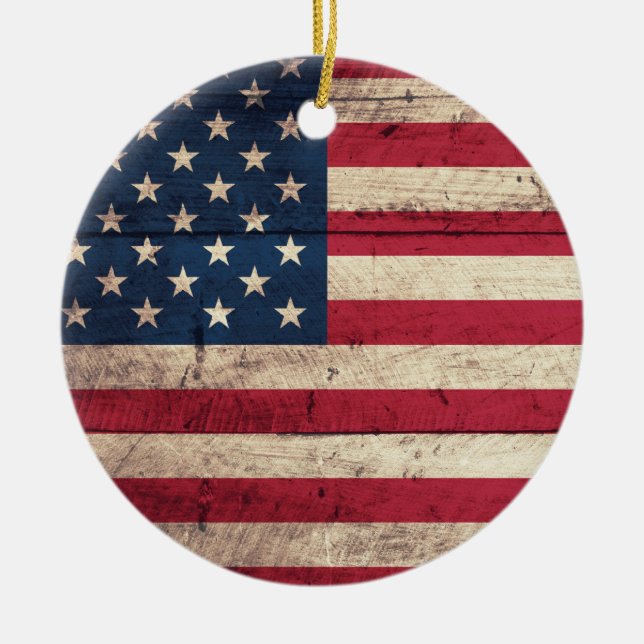 Old Wooden American Flag Ceramic Tree Decoration (Front)
