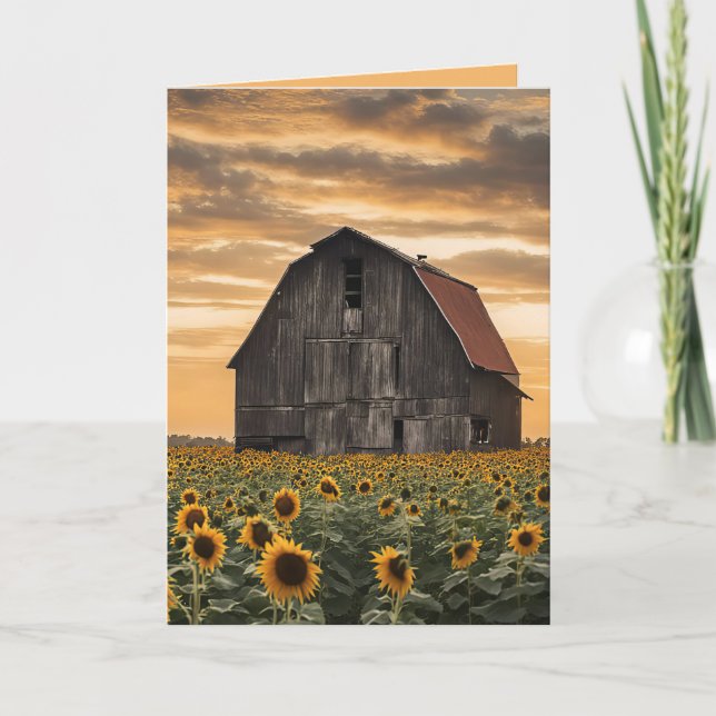 Old Wooden Barn In Sunflowers Card (Front)