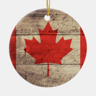 Old Wooden Canadian Flag Ceramic Tree Decoration