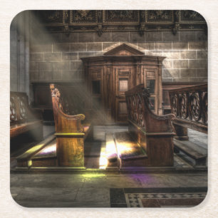 Old Wooden Church Bench with Kneeler Square Paper Coaster