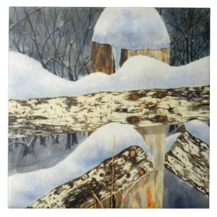 Old wooden fence post with snow on the tops tile