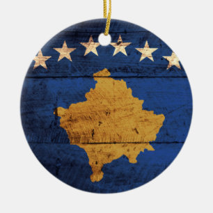 Old Wooden Kosovo Flag Ceramic Tree Decoration