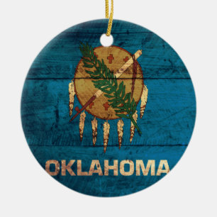 Old Wooden Oklahoma Flag; Ceramic Tree Decoration