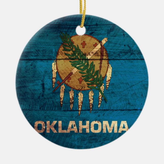 Old Wooden Oklahoma Flag; Ceramic Tree Decoration (Front)
