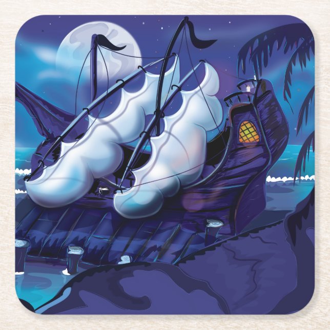 Old Wooden Sail Ship in Dock. Square Paper Coaster (Front)
