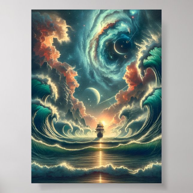 Old Wooden Ship On Stormy Ocean Poster (Front)