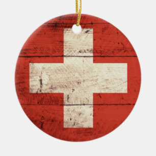 Old Wooden Swiss Flag Ceramic Tree Decoration