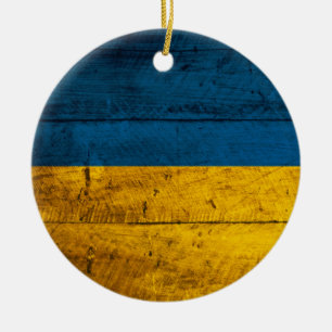 Old Wooden Ukraine Flag Ceramic Tree Decoration