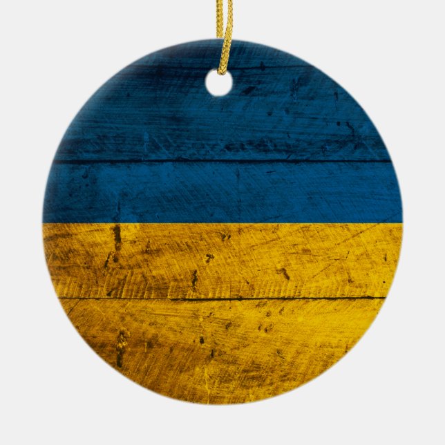 Old Wooden Ukraine Flag Ceramic Tree Decoration (Front)