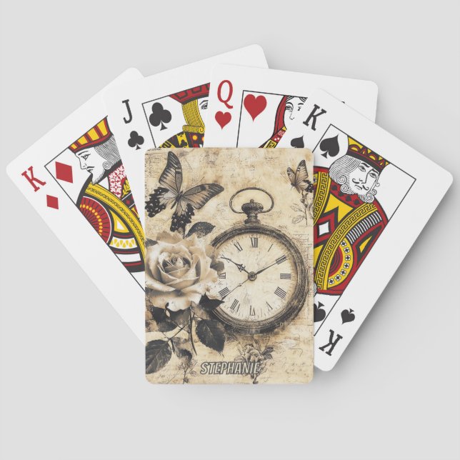 Old World Brown Botanical Compass Butterfly Playing Cards (Back)