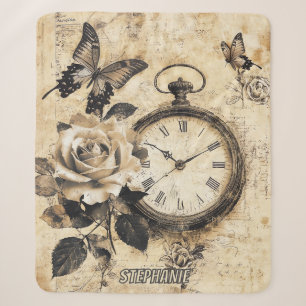 Old World Brown Botanical Compass Butterfly Sherpa Blanket