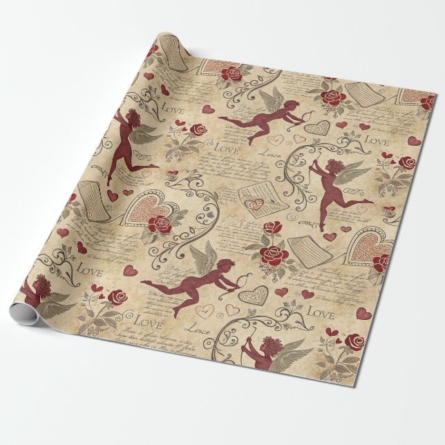 Old World Cupid Valentine Romantic Wrapping Paper (Unrolled)