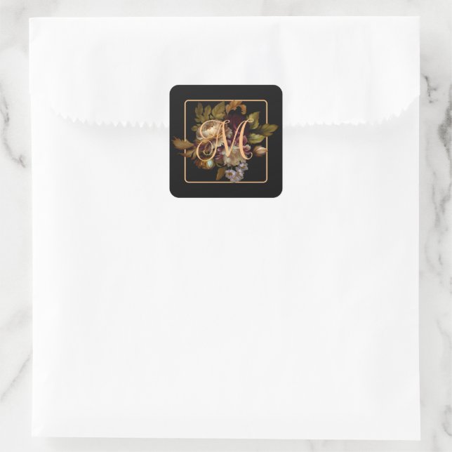 Old World Dark Floral Bouquet with Monogram Square Sticker (Bag)