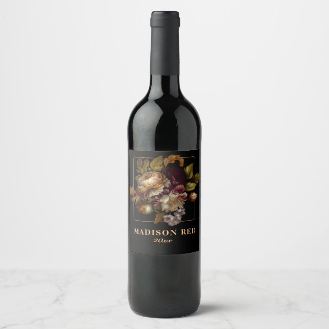 Old World Dark Floral Bouquet with Monogram Square Wine Label (Front)