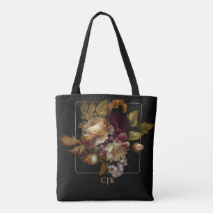 Old World Dark Floral Bouquet with Monogram Tote Bag