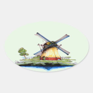 Old World Dutch Windmill Oval Sticker