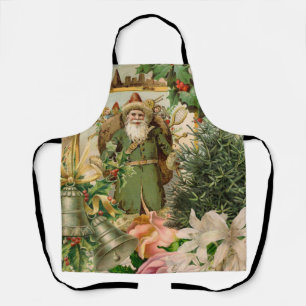 Old World Green Santa Christmas Collage Antique  Apron