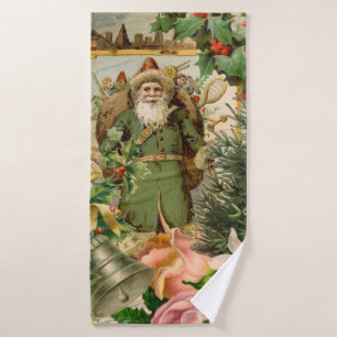 Old World Green Santa Christmas Collage Antique  Bath Towel Set