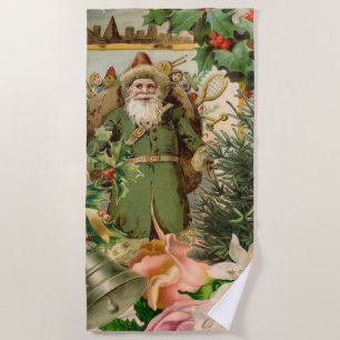 Old World Green Santa Christmas Collage Antique  Beach Towel