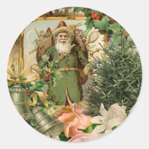 Old World Green Santa Christmas Collage Antique  Classic Round Sticker