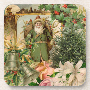 Old World Green Santa Christmas Collage Antique Coaster
