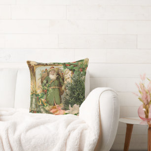 Old World Green Santa Christmas Collage Antique  Cushion