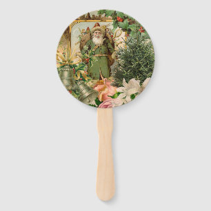 Old World Green Santa Christmas Collage Antique  Hand Fan