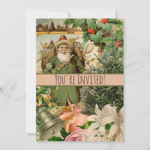 Old World Green Santa Christmas Collage Antique  Invitation