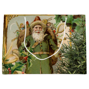 Old World Green Santa Christmas Collage Antique  Large Gift Bag