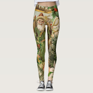 Old World Green Santa Christmas Collage Antique  Leggings